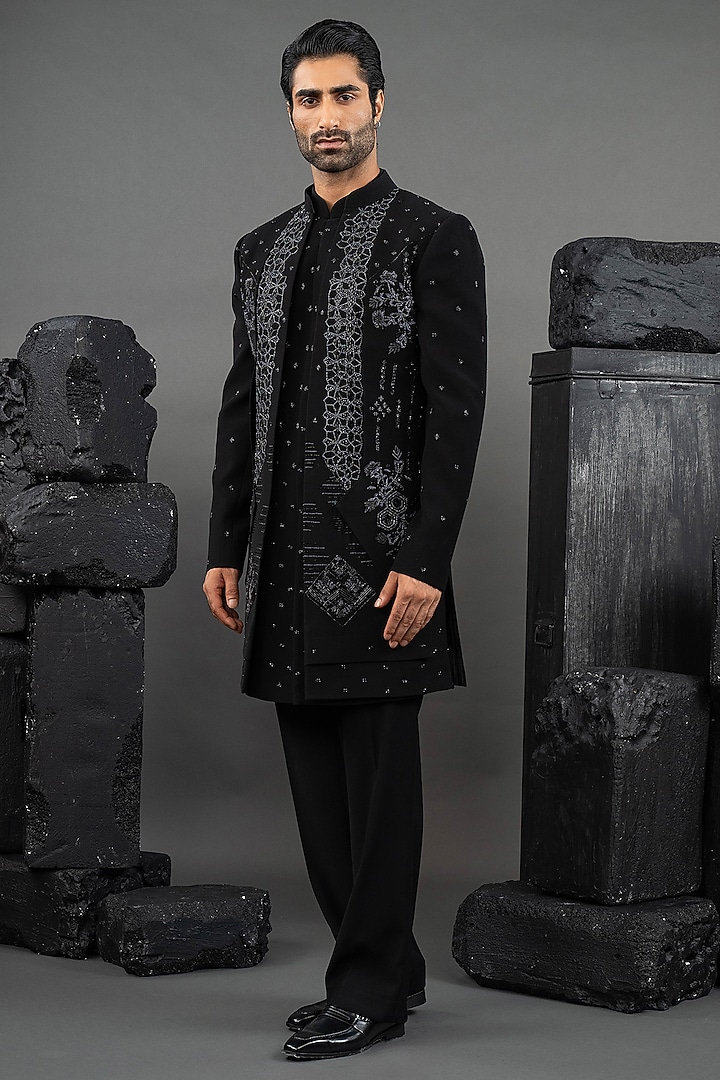 Black Japanese Fabric Glass Beadwork Groom Indowestern Set by ADANI at Pernia's Pop Up Shop