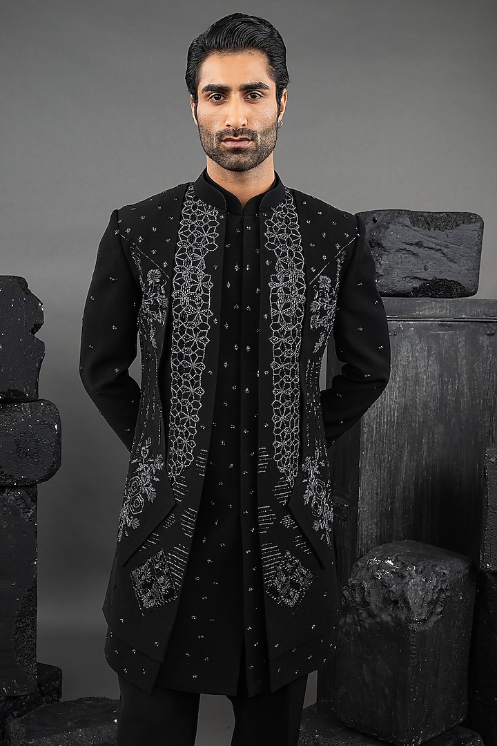 Black Japanese Fabric Glass Beadwork Groom Indowestern Set by ADANI at Pernia's Pop Up Shop