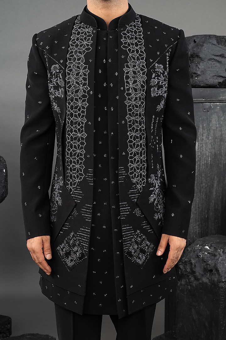 Black Japanese Fabric Glass Beadwork Groom Indowestern Set by ADANI at Pernia's Pop Up Shop