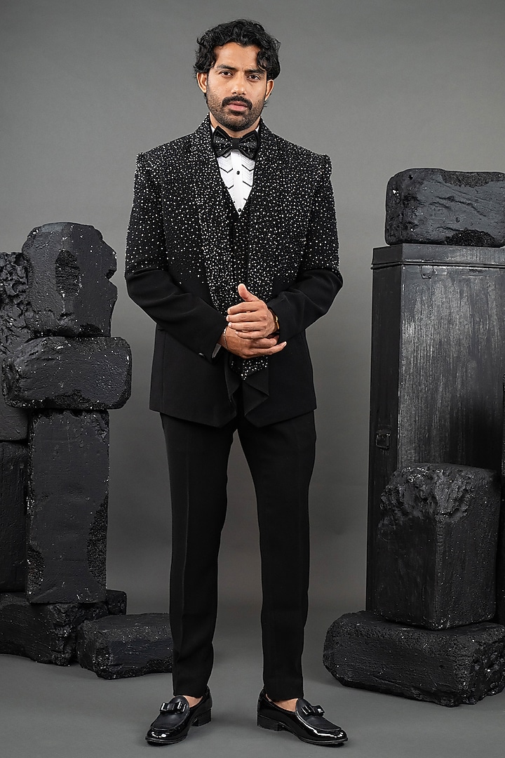 Black Japanese Fabric Beadwork Tuxedo Set by ADANI at Pernia's Pop Up Shop
