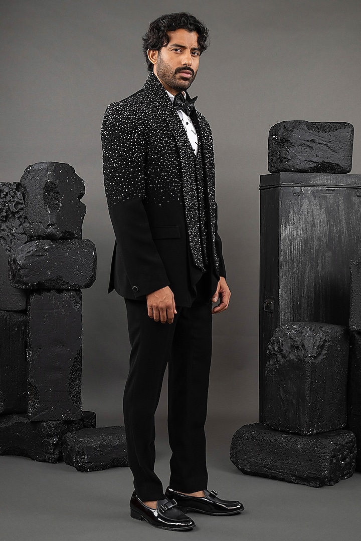 Black Japanese Fabric Beadwork Tuxedo Set by ADANI at Pernia's Pop Up Shop
