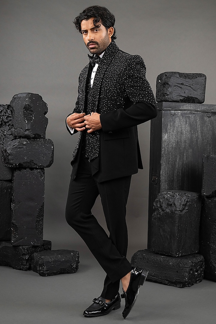 Black Japanese Fabric Beadwork Tuxedo Set by ADANI at Pernia's Pop Up Shop