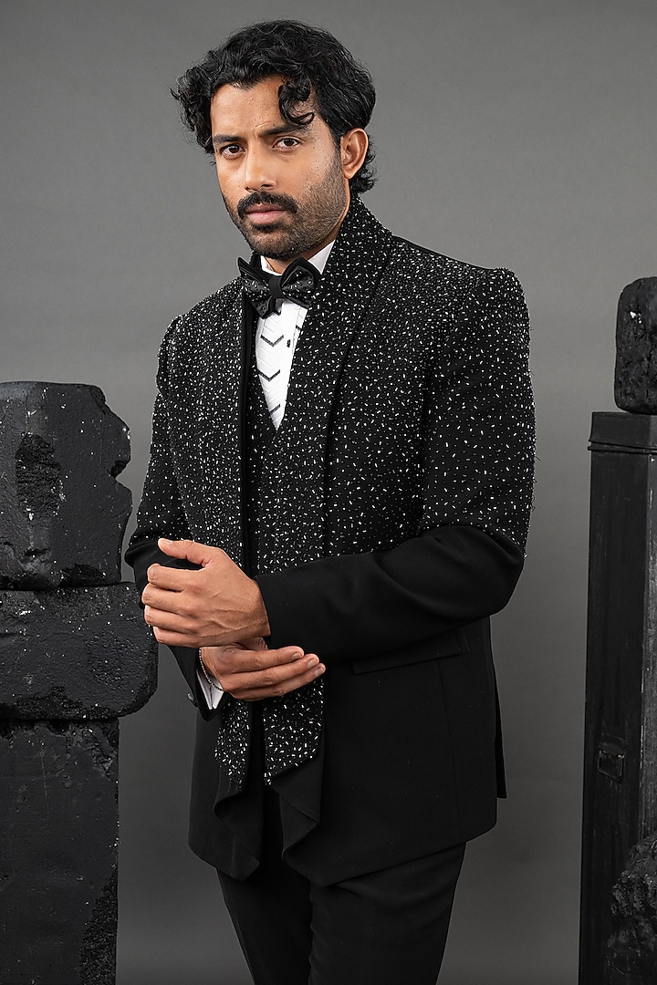 Black Japanese Fabric Beadwork Tuxedo Set by ADANI at Pernia's Pop Up Shop
