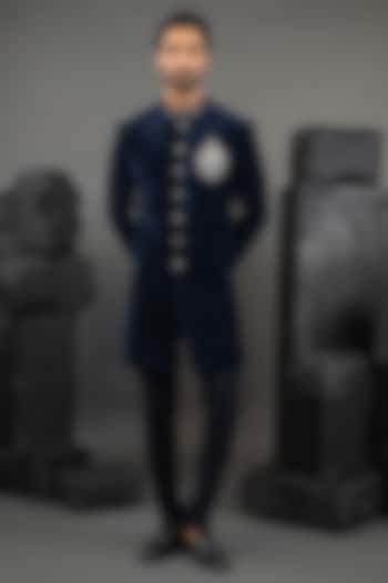 Navy Blue Velvet Broochwork Indowestern Set by ADANI at Pernia's Pop Up Shop