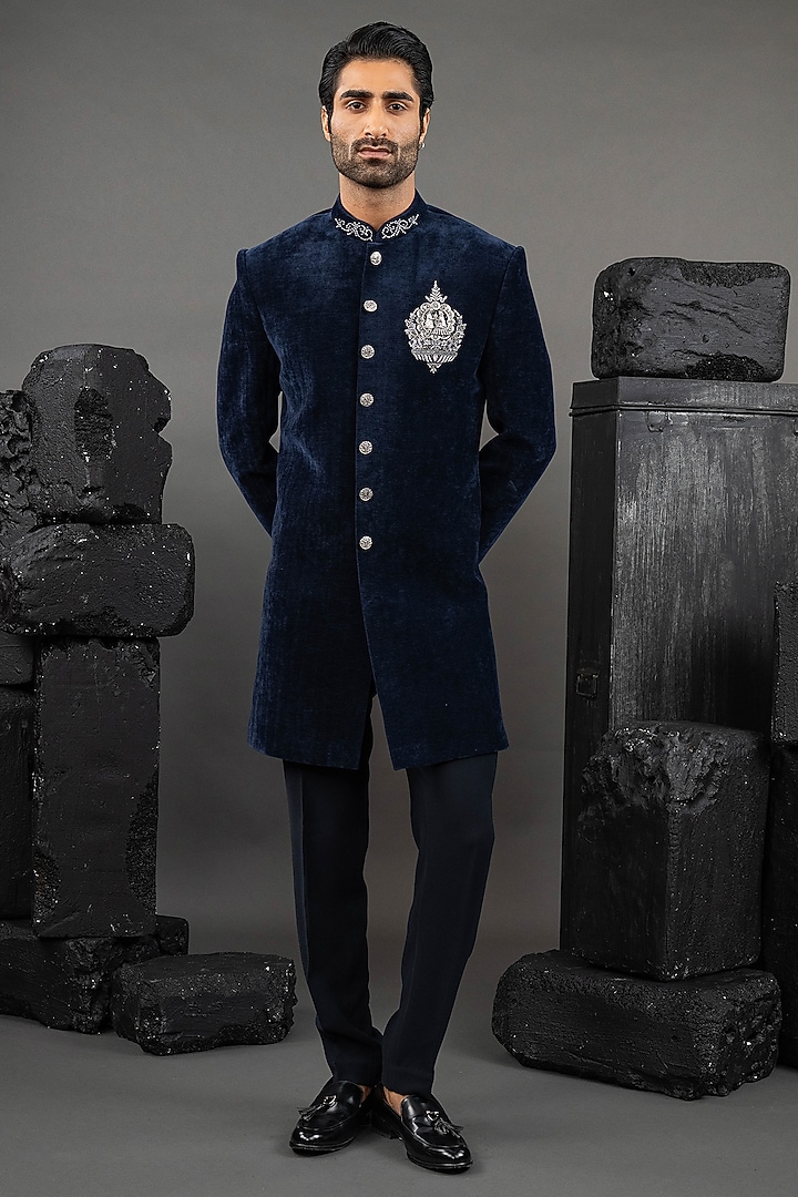 Navy Blue Velvet Broochwork Indowestern Set by ADANI at Pernia's Pop Up Shop
