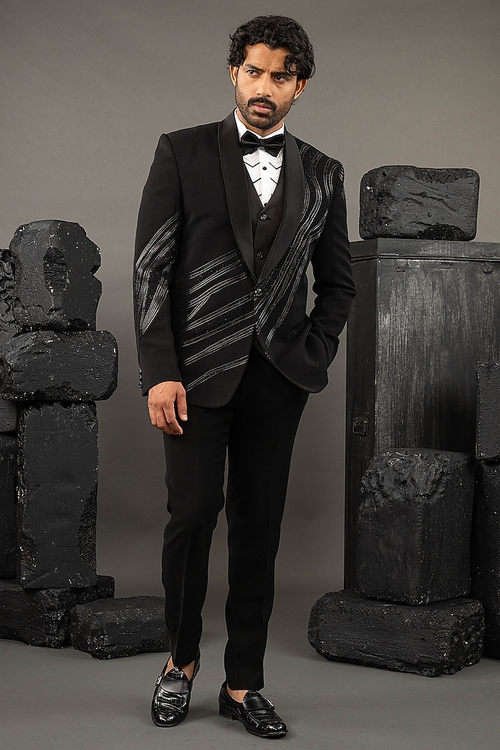 Black Japanese Fabric Metallic Work Tuxedo Set by ADANI at Pernia's Pop Up Shop