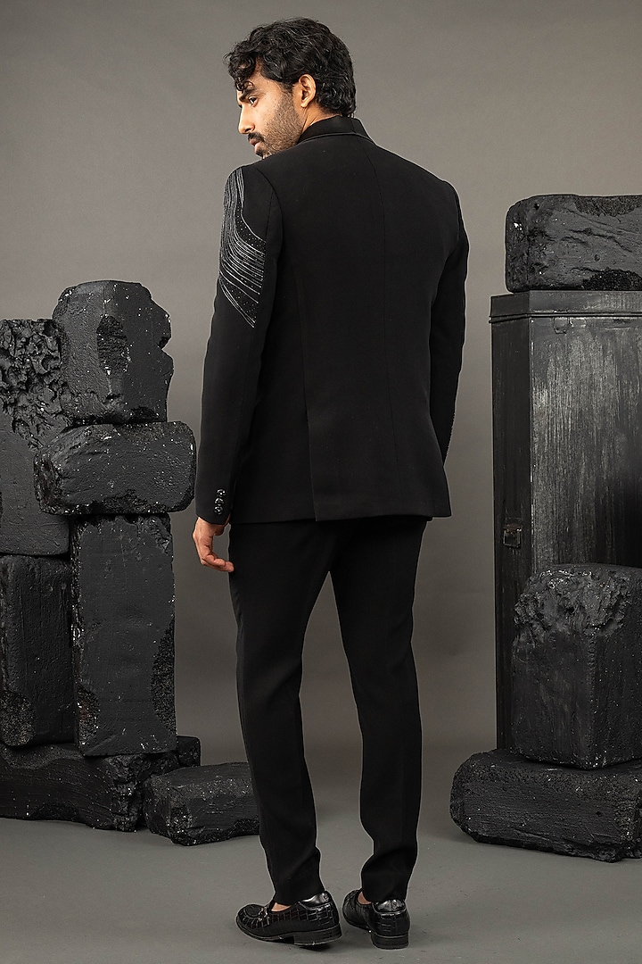 Black Japanese Fabric Metallic Work Tuxedo Set by ADANI at Pernia's Pop Up Shop