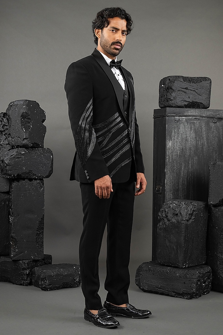 Black Japanese Fabric Metallic Work Tuxedo Set by ADANI at Pernia's Pop Up Shop