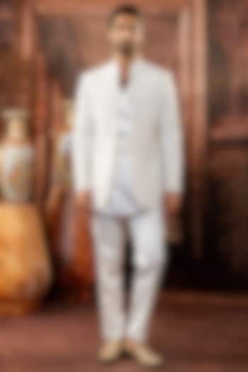 Beige Raw Silk Machine Embroidered Open-Wedding Indowestern Set by ADANI at Pernia's Pop Up Shop