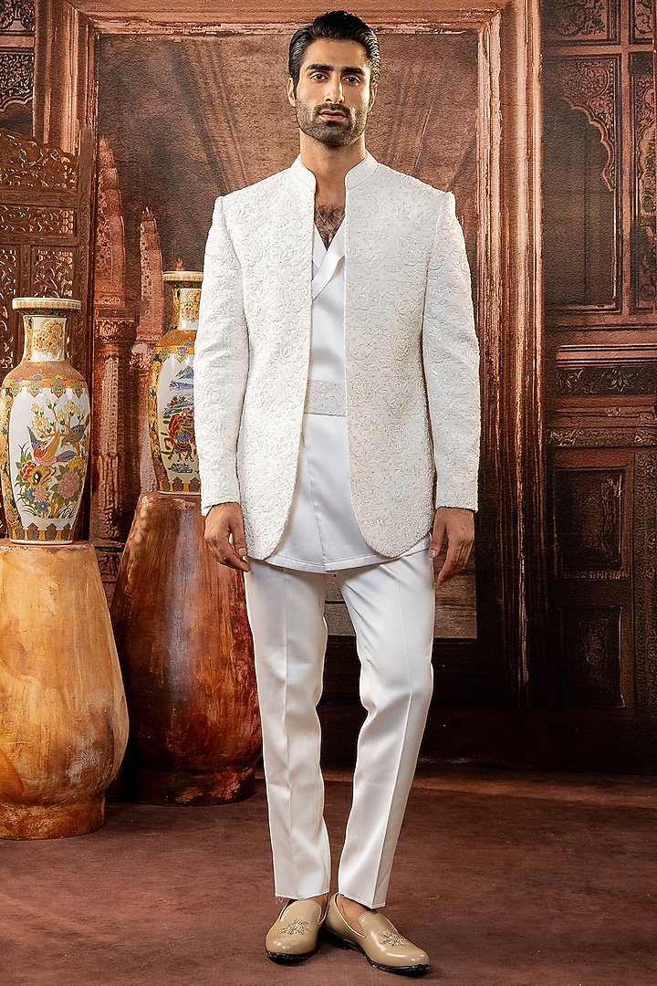 Beige Raw Silk Machine Embroidered Open-Wedding Indowestern Set by ADANI at Pernia's Pop Up Shop