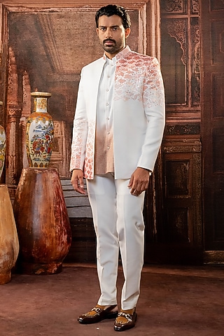 White Linen Silk Handpainted Jacket Set by ADANI