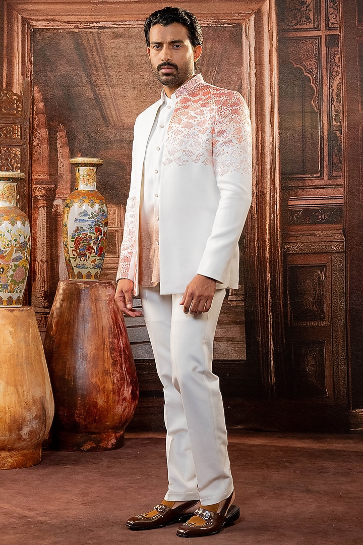 White Linen Silk Handpainted Jacket Set by ADANI at Pernia's Pop Up Shop