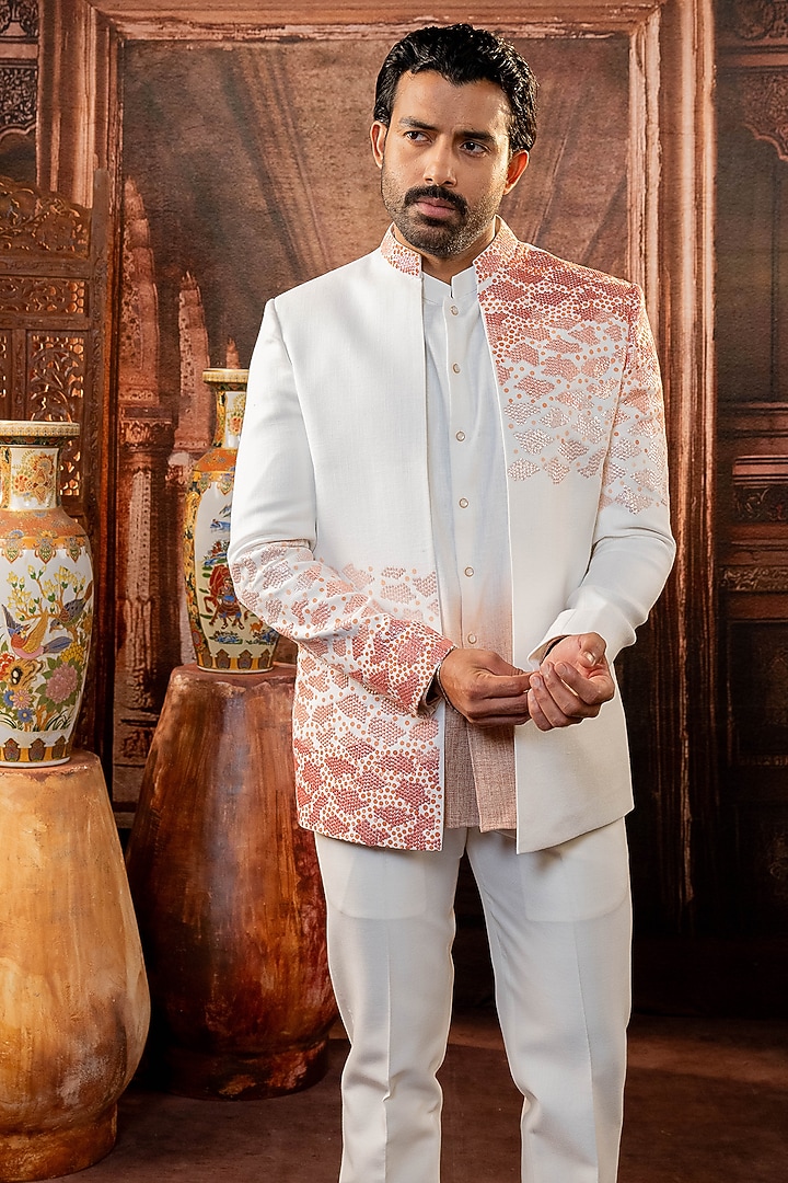 White Linen Silk Handpainted Jacket Set by ADANI at Pernia's Pop Up Shop