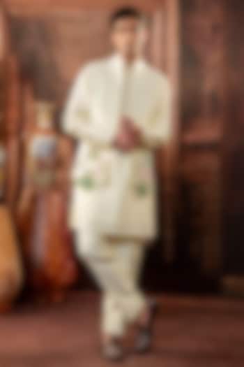 Yellow Dupion Silk Handpainted Bundi Jacket Set by ADANI at Pernia's Pop Up Shop