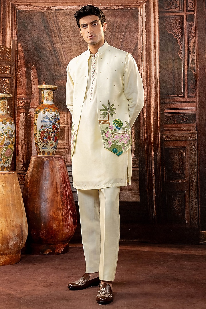 Yellow Dupion Silk Handpainted Bundi Jacket Set by ADANI at Pernia's Pop Up Shop