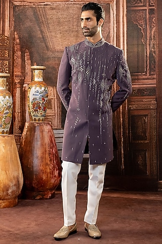 Purple Japanese Fabric Mirror Work Indowestern Set by ADANI