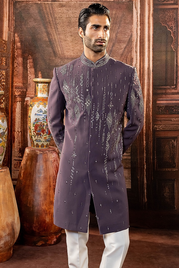 Purple Japanese Fabric Mirror Work Wedding Indowestern Set by ADANI at Pernia's Pop Up Shop