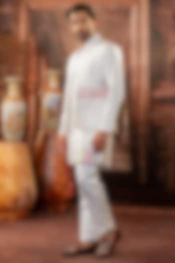 Peach Japanese Fabric Handpainted Bundi Jacket Set by ADANI at Pernia's Pop Up Shop