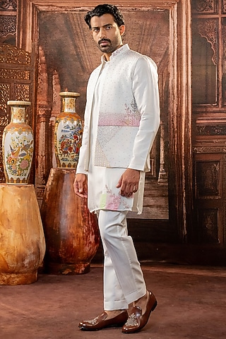 Peach Japanese Fabric Handpainted Bundi Jacket Set by ADANI