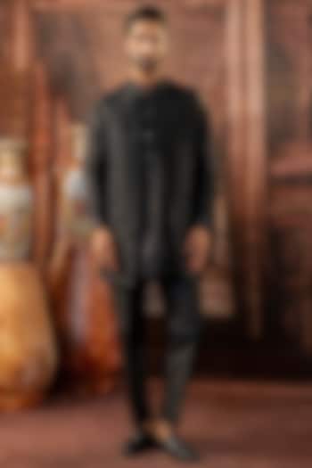 Black Raw Silk Hand Embroidered Bundi Jacket Set by ADANI at Pernia's Pop Up Shop