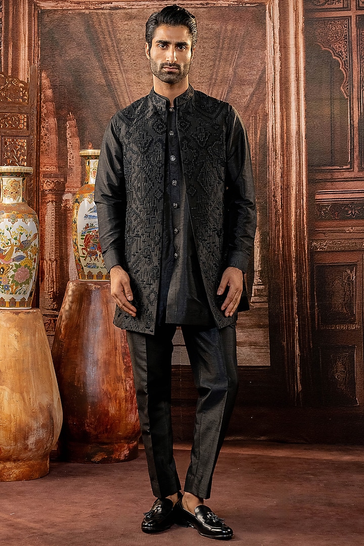 Black Raw Silk Hand Embroidered Bundi Jacket Set by ADANI at Pernia's Pop Up Shop