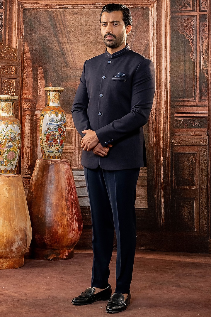 Teal Blue Japanese Fabric Jodhpuri Set by ADANI at Pernia's Pop Up Shop
