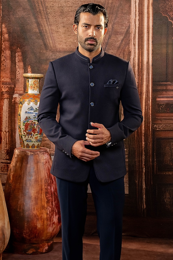 Teal Blue Japanese Fabric Jodhpuri Set by ADANI at Pernia's Pop Up Shop