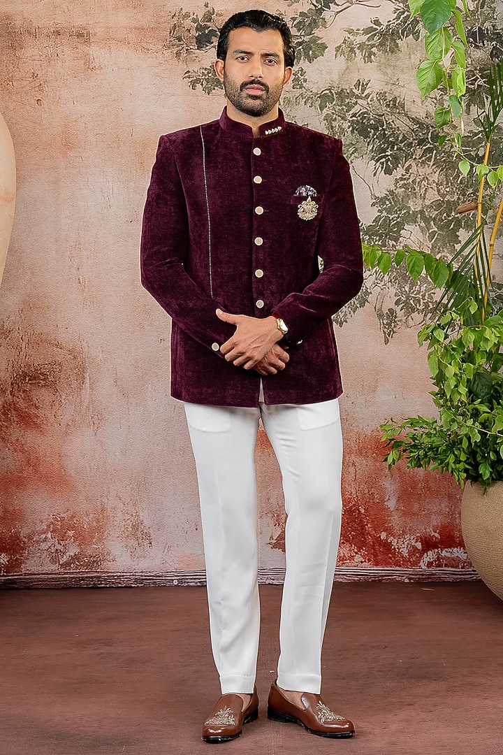 Maroon Velvet Jodhpuri Set by ADANI at Pernia's Pop Up Shop