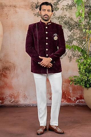 Maroon Velvet Jodhpuri Set by ADANI