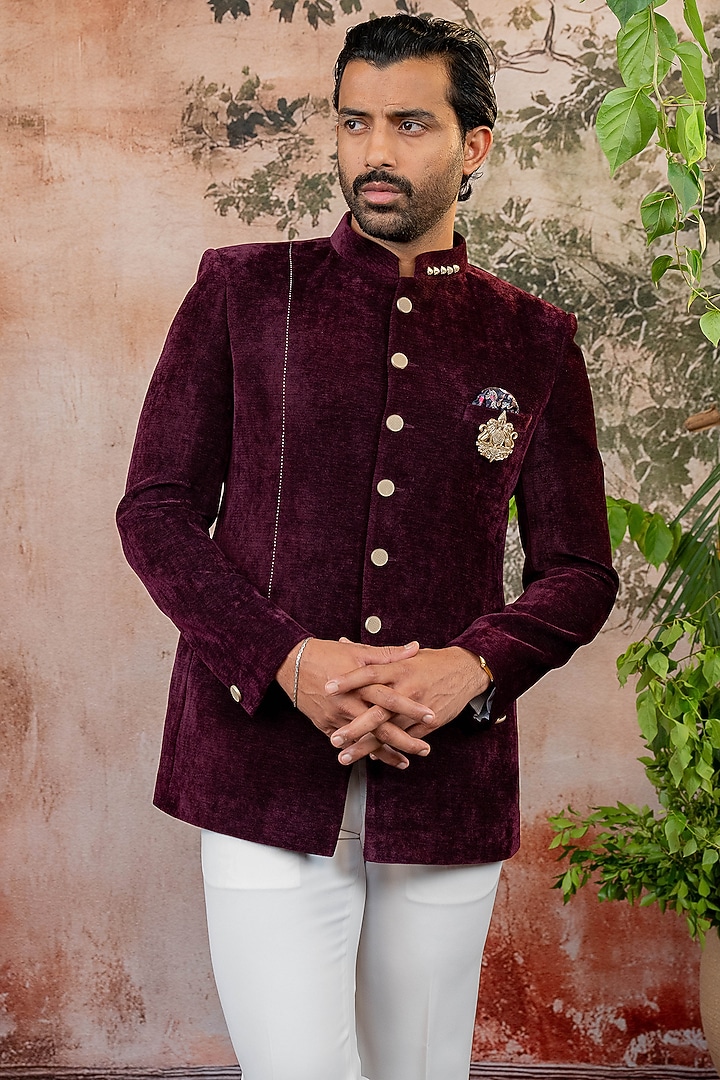 Maroon Velvet Jodhpuri Set by ADANI at Pernia's Pop Up Shop