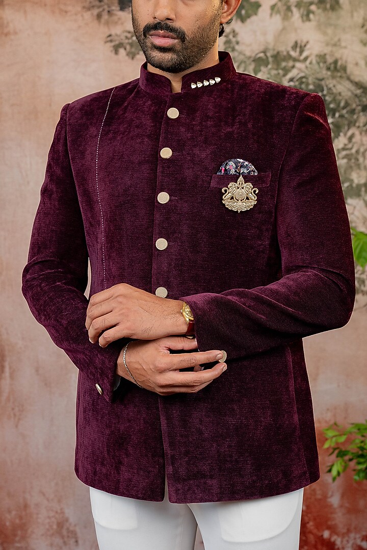 Maroon Velvet Jodhpuri Set by ADANI at Pernia's Pop Up Shop