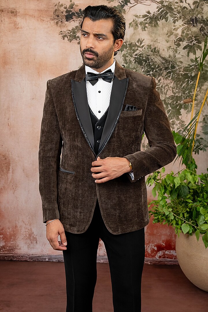 Brown Velvet Tuxedo Set by ADANI at Pernia's Pop Up Shop