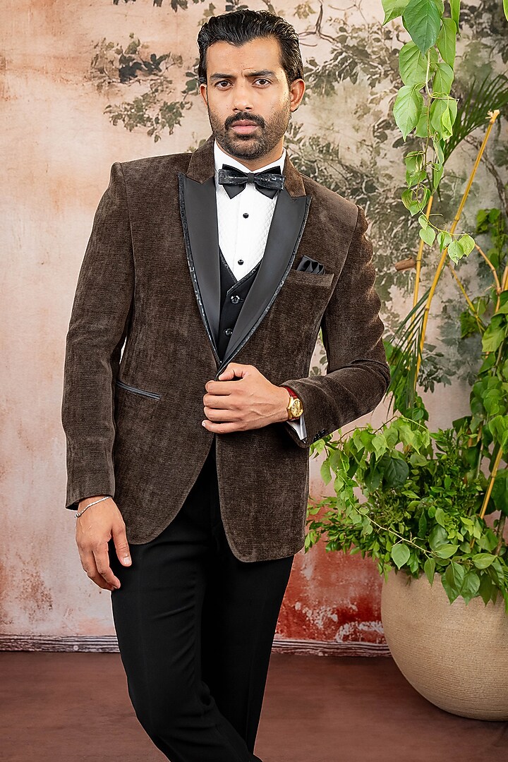 Brown Velvet Tuxedo Set by ADANI at Pernia's Pop Up Shop