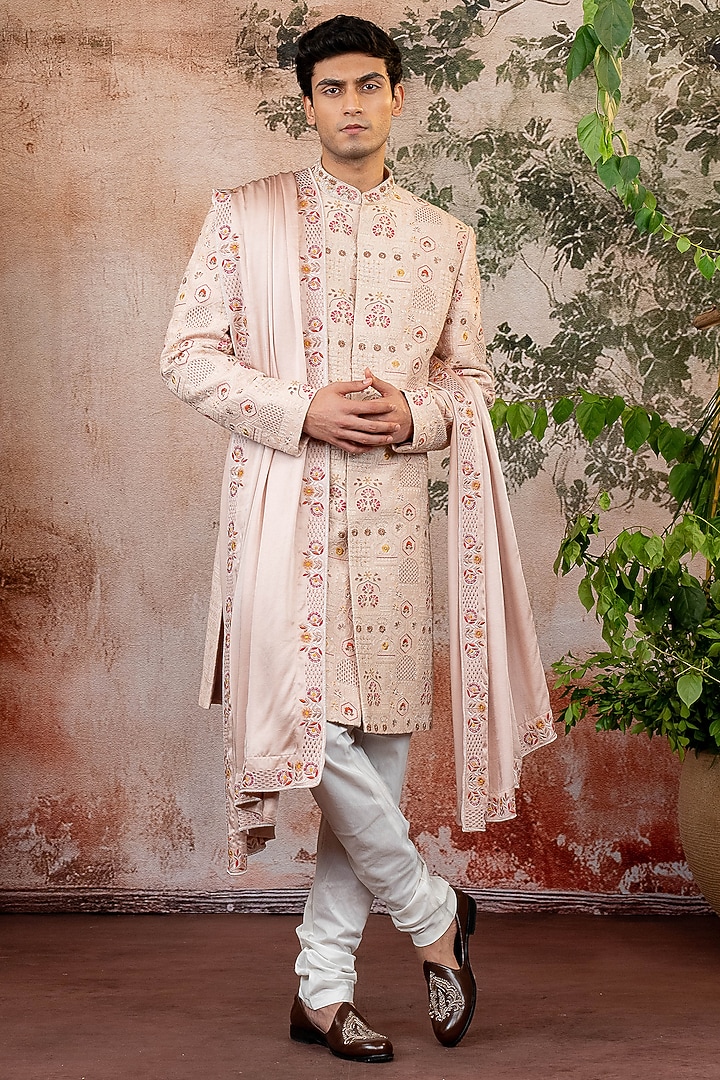 Peach Raw Silk Threadwork Groom Sherwani Set by ADANI at Pernia's Pop Up Shop