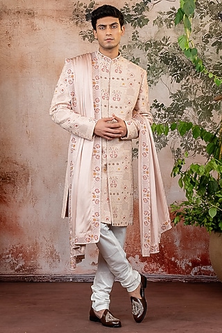 Peach Raw Silk Threadwork Sherwani Set by ADANI