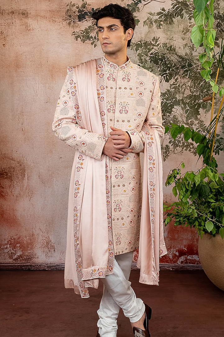 Peach Raw Silk Threadwork Groom Sherwani Set by ADANI at Pernia's Pop Up Shop