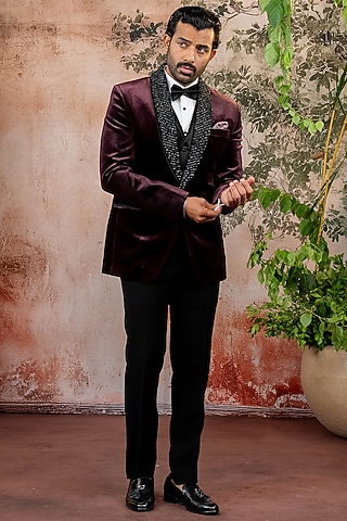Magenta Velvet Tuxedo Set by ADANI