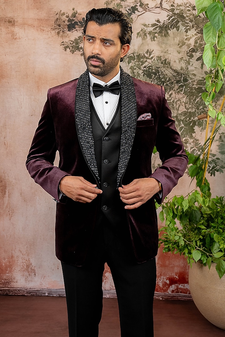 Magenta Velvet Tuxedo Set by ADANI at Pernia's Pop Up Shop