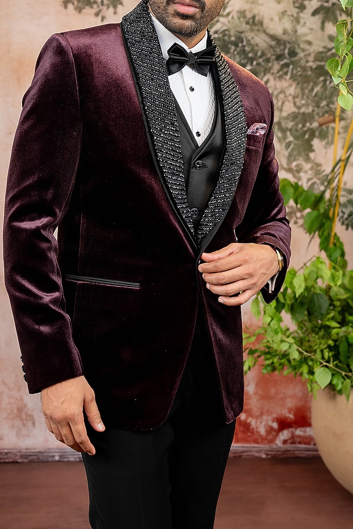 Magenta Velvet Tuxedo Set by ADANI at Pernia's Pop Up Shop