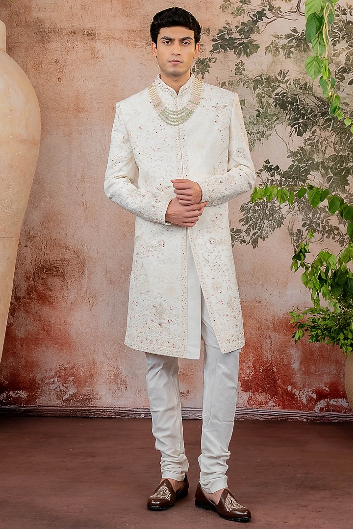 White Raw Silk Threadwork Wedding Sherwani Set by ADANI at Pernia's Pop Up Shop