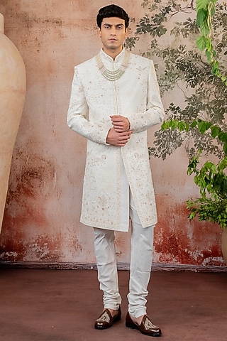 White Raw Silk Threadwork Sherwani Set by ADANI