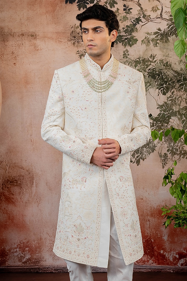 White Raw Silk Threadwork Wedding Sherwani Set by ADANI at Pernia's Pop Up Shop