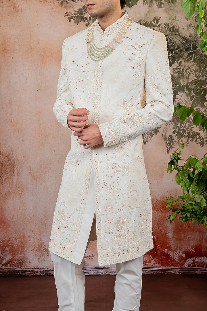 White Raw Silk Threadwork Wedding Sherwani Set by ADANI at Pernia's Pop Up Shop