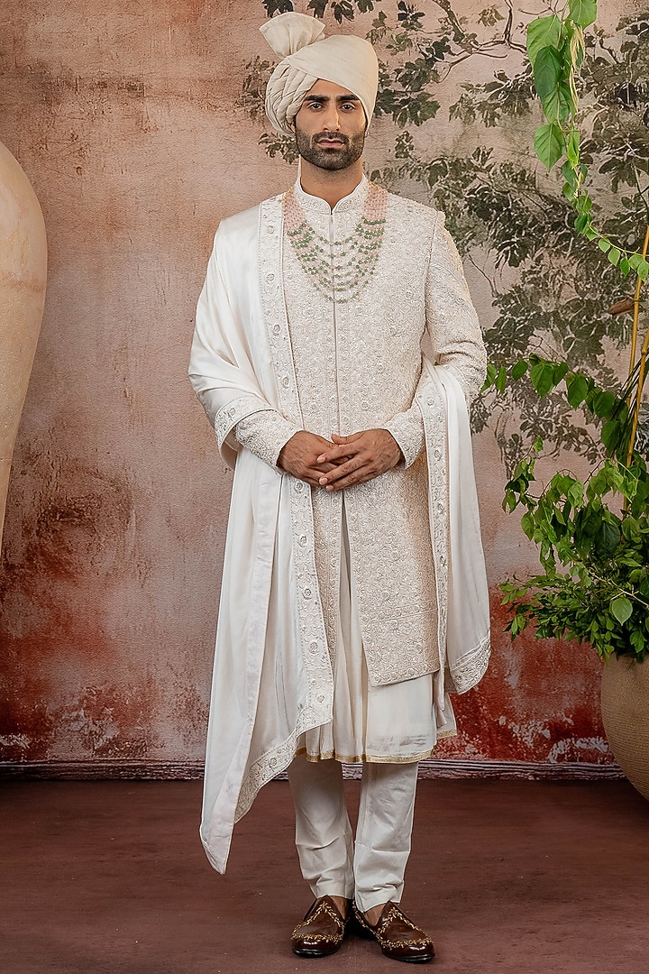 Peach Raw Silk Groom Sherwani Set by ADANI at Pernia's Pop Up Shop