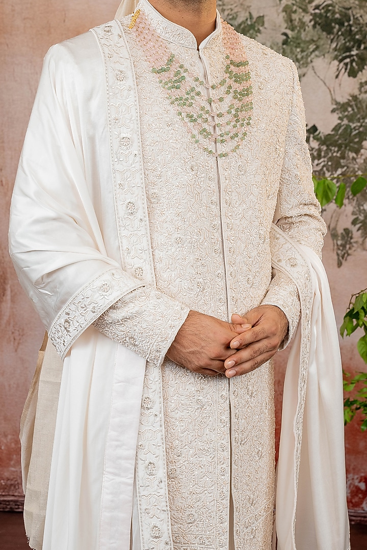 Peach Raw Silk Groom Sherwani Set by ADANI at Pernia's Pop Up Shop