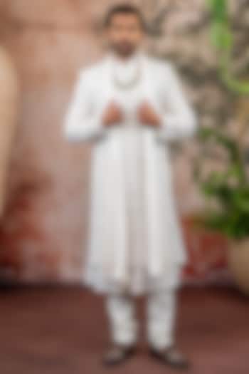 Ivory Raw Silk Thread Embroidered Groom Sherwani Set by ADANI at Pernia's Pop Up Shop