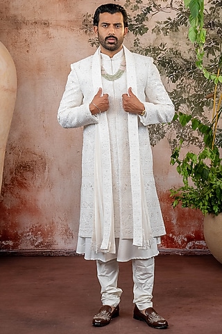 Ivory Raw Silk Thread Embroidered Sherwani Set by ADANI