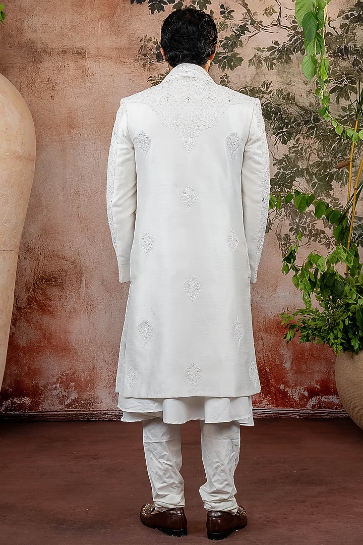 Ivory Raw Silk Thread Embroidered Groom Sherwani Set by ADANI at Pernia's Pop Up Shop