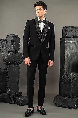 Black Japanese Fabric Beadwork Tuxedo Set by ADANI