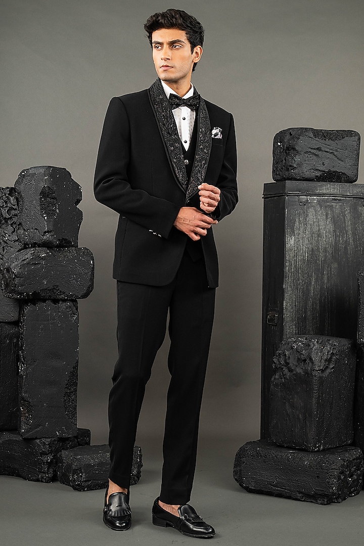 Black Japanese Fabric Beadwork Tuxedo Set by ADANI at Pernia's Pop Up Shop